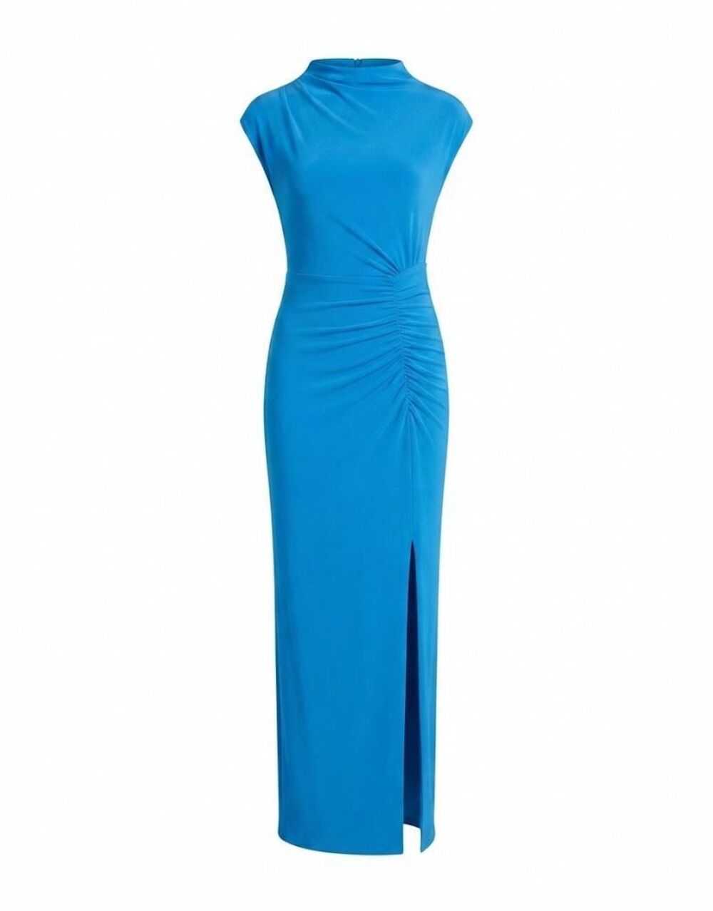Betsy & Adam Elegant Mock Neck Cap Sleeve Ruched Gown Ocean Blue 6 - Picture 1 of 7